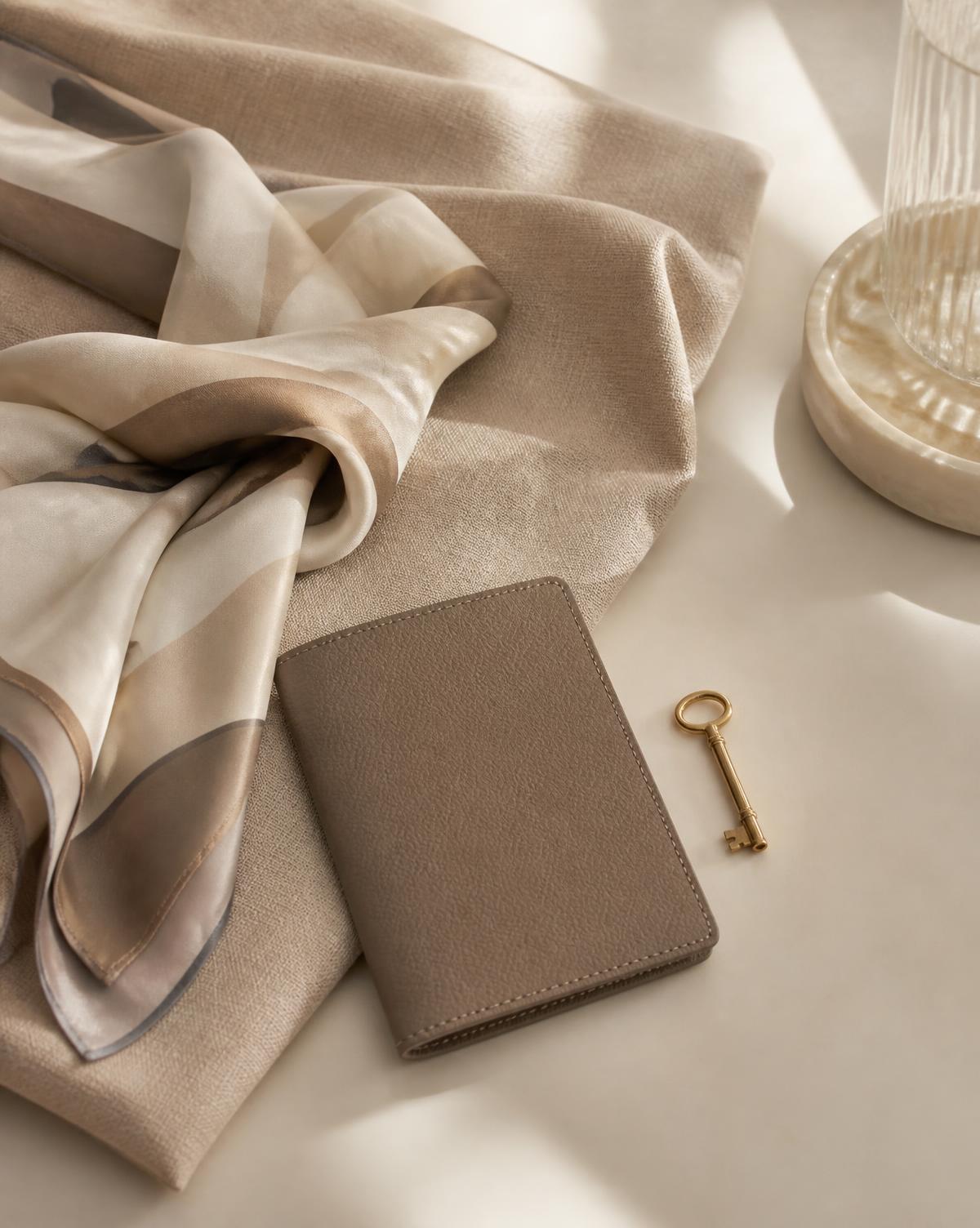Quiet luxury travel concierge still life